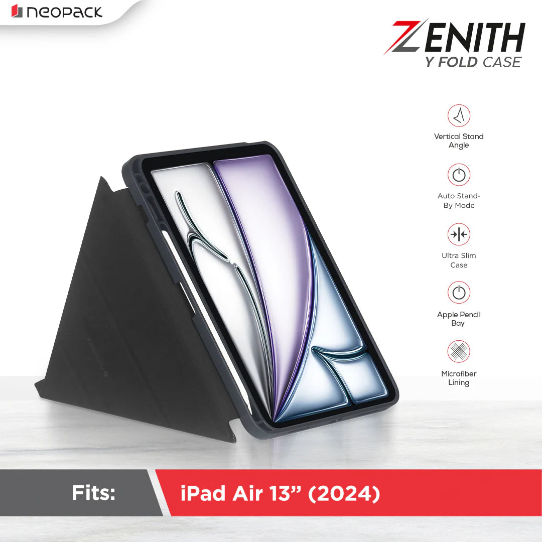 Neopack Zenith Y Fold Case With Pencil Holder For IPad Air 13", Fits: M2 & M3 Models / IPad Pro 12.9, Fits: 4th, 5th & 6th Gen. (Space Grey)