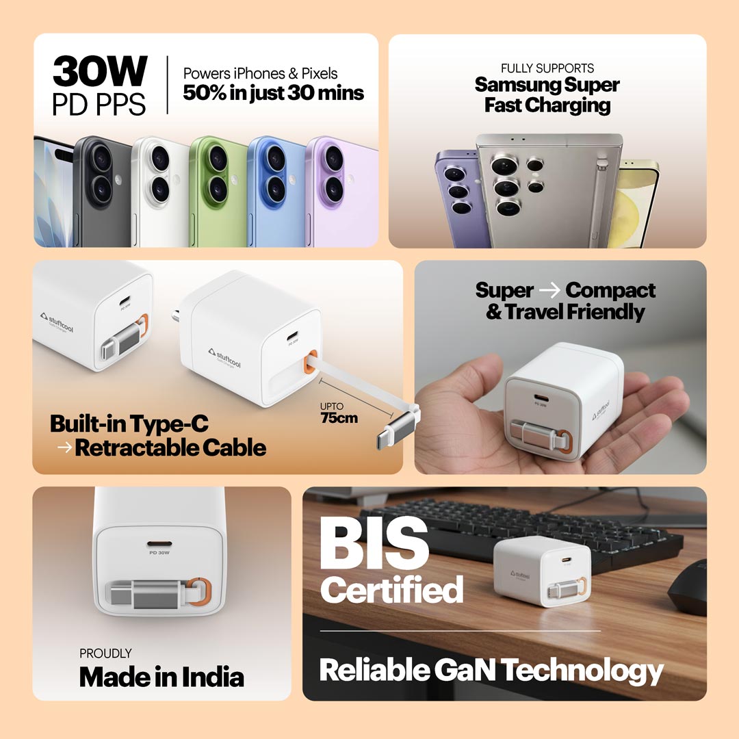 Zeno 30W GaN Wall Charger with USB-C Port & Built-in Retractable Type-C Cable