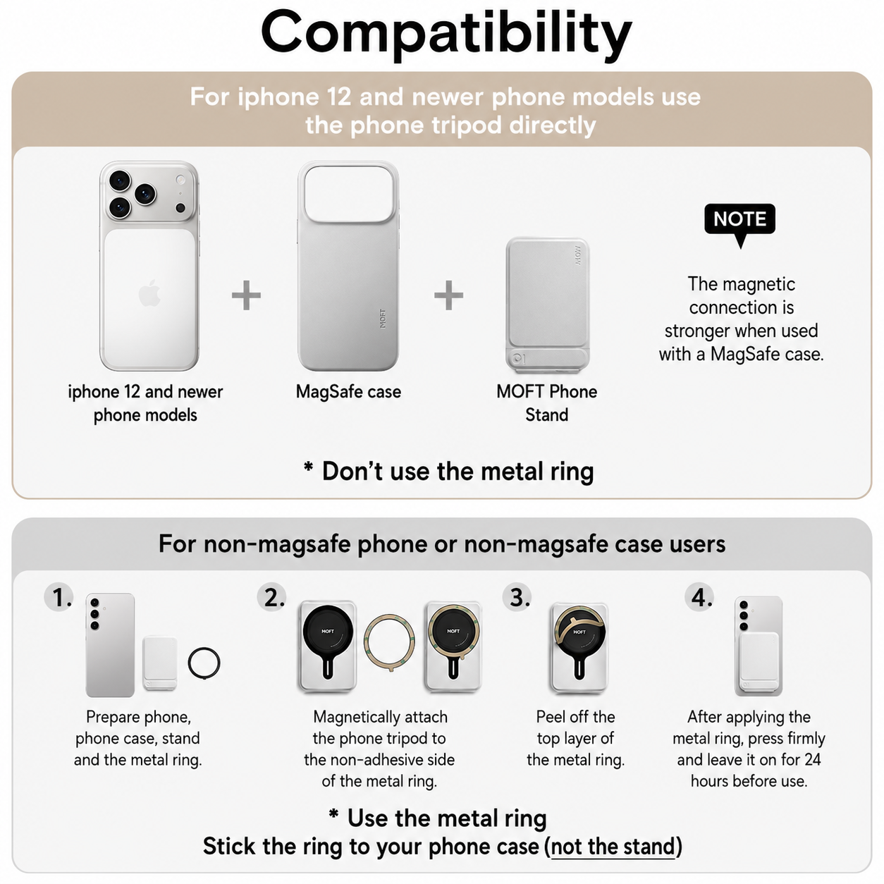 Moft Tripod Stand & Wallet-Compatible Models: iPhone 12/13/14/15/16/17 series (Plus/Pro/Pro Max) and MagSafe-compatible cases. Works with non-MagSafe phones using the included metal ring. With Out Trackable